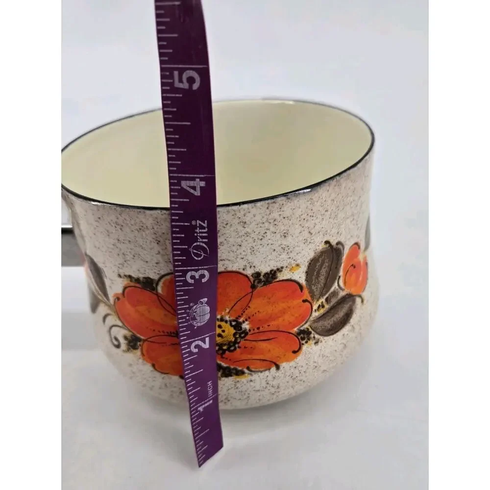 MCM Orange Flower Sanko Ware Pouring Sauce Pan Show Pans Enamel Cookware 1970s